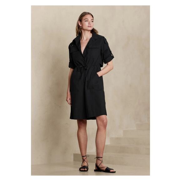 Banana Republic Black Cotton Trench Back Shirt Dress Sz.M - Picture 1 of 14
